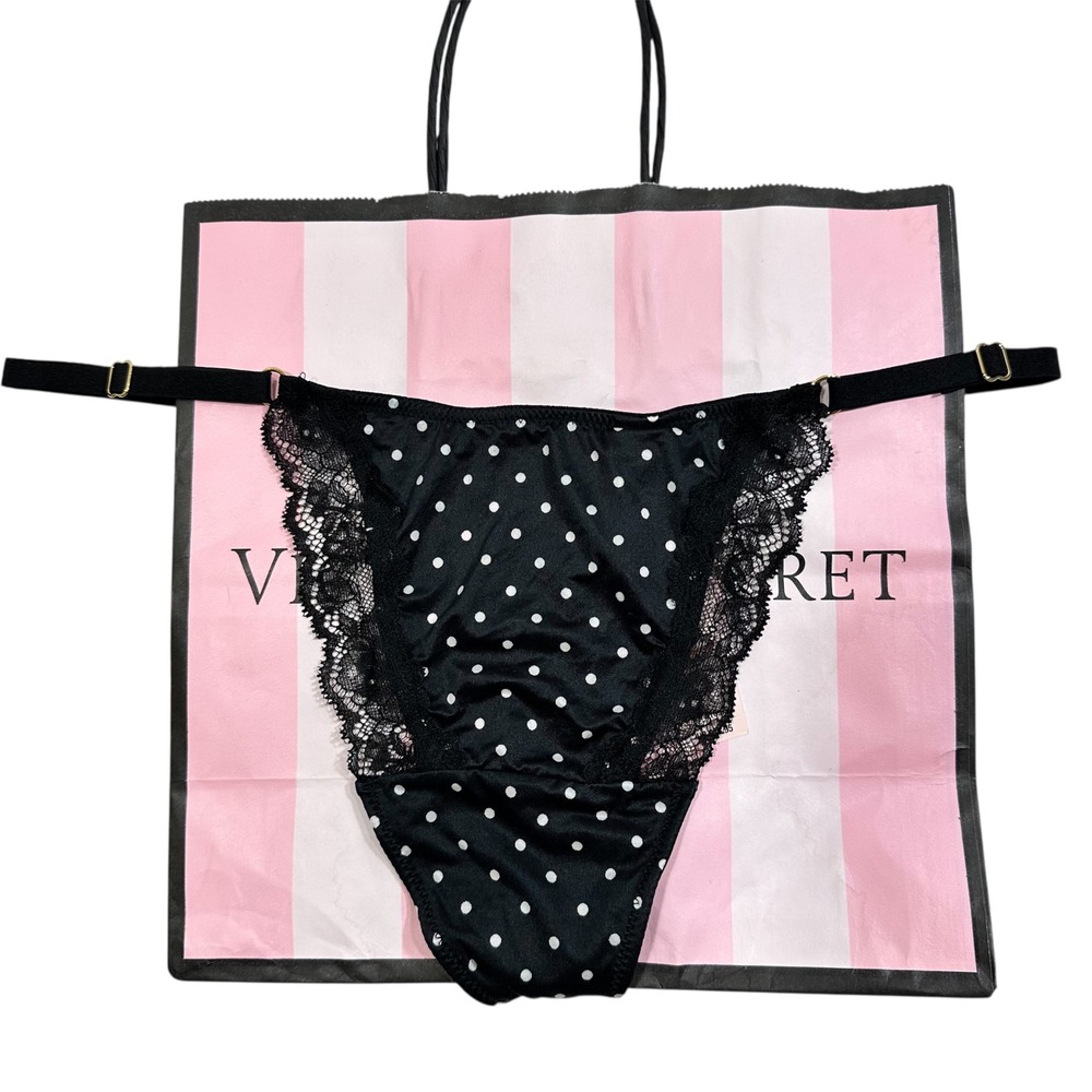 NWT VICTORIA SECRET BLACK POLKA DOT LACE‎ TRIM V STRING THONG PANTY XL
